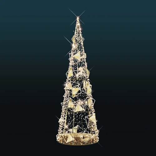 Stożkowa choinka LED 8 metrów wysokości z lustrzanymi diamentami i migoczącymi światełkami. Konstrukcja oświetlona ciepłym światłem, z dekoracjami w kształcie geometrycznych form na tle ciemnym.