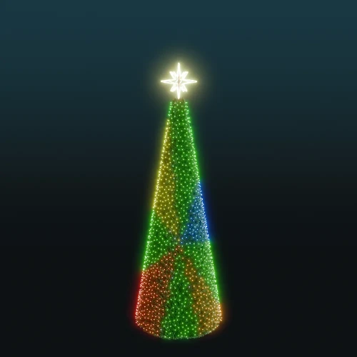 Stożkowa choinka LED 5,8 metra pokryta gęstym igliwiem z dynamicznym oświetleniem RGBW w kolorach zielonym, niebieskim, pomarańczowym i czerwonym, zakończona jasną, świecącą gwiazdą na szczycie.