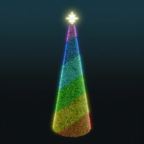Stożkowa choinka LED 7,8 metra pokryta gęstym igliwiem z dynamicznym oświetleniem RGBW w kolorach zielonym, niebieskim, pomarańczowym i czerwonym, zakończona jasną, świecącą gwiazdą na szczycie.