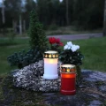 Biały i czerwony znicz LED obok siebie na kamieniu, w otoczeniu stroika i kolorowych kwiatów, oba ze złotymi pokrywkami.
