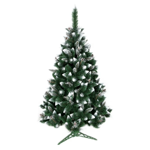 Sztuczna choinka ośnieżona z szyszkami, model Sosna Diamentowa Biała o wysokości 220 cm, ustawiona na zielonym stojaku.