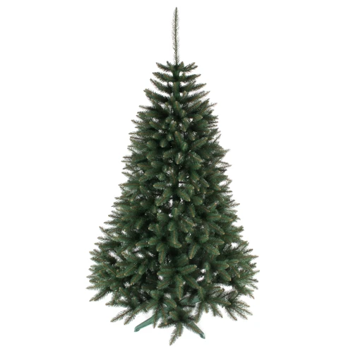 Sztuczna choinka o klasycznym, stożkowym kształcie z gęstym zielonym igliwiem PVC na białym tle.