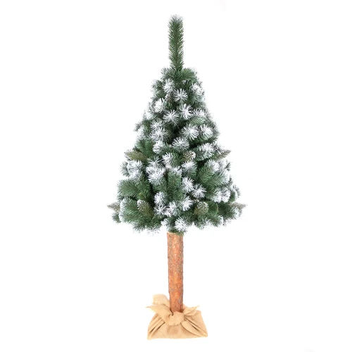 Śnieżona sztuczna choinka o wysokości 220 cm z białym efektem na gałązkach, naturalnym pniem i jutowym workiem w podstawie, ustawiona na białym tle.