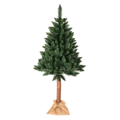 Sztuczna choinka o wysokości 220 cm z gęstym zielonym igliwiem i naturalnym pniem, ustawiona na białym tle z jutowym workiem w podstawie.