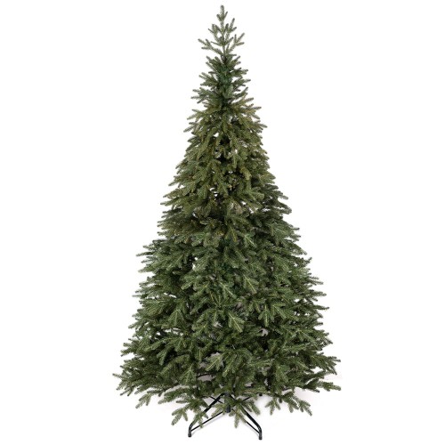 Sztuczna choinka Świerk Ciemny o realistycznym wyglądzie i regularnym pokroju, stojąca na metalowym stojaku.