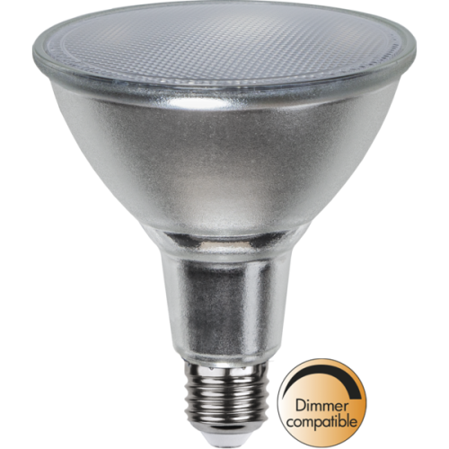 Żarówka LED E27 Spotlight Glass, srebrny reflektor z oznaczeniem dimmer compatible.