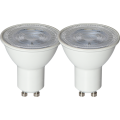 Dwie żarówki LED GU10 w kolorze białym, widok od przodu na soczewki i trzonki z dwoma pinami.
