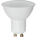 Żarówka LED GU10 z mlecznym, gładkim kloszem i białą obudową, widok z przodu.