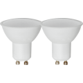 Zestaw dwóch żarówek LED GU10 z matowym kloszem i białą obudową, widok od przodu.