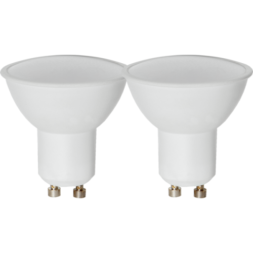Zestaw dwóch żarówek LED GU10 z matowym kloszem i białą obudową, widok od przodu.