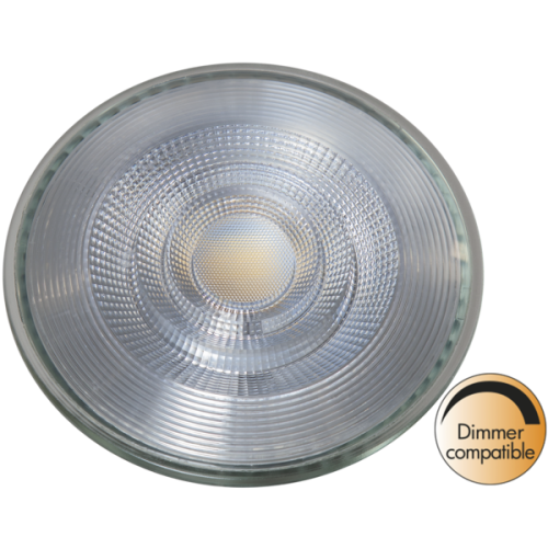 Żarówka LED AR111 z widoczną soczewką i oznaczeniem dimmer compatible, widok od przodu.