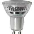 Reflektorowa żarówka LED GU10 z klarownym kloszem i srebrną obudową, trzonek bagnetowy.