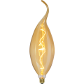 Dekoracyjna żarówka LED filament w kształcie płomienia z bursztynowym szkłem i spiralnym filamentem LED emitującym ciepłe światło. Designerska żarówka E27 kompatybilna ze ściemniaczem do lamp dekoracyjnych.