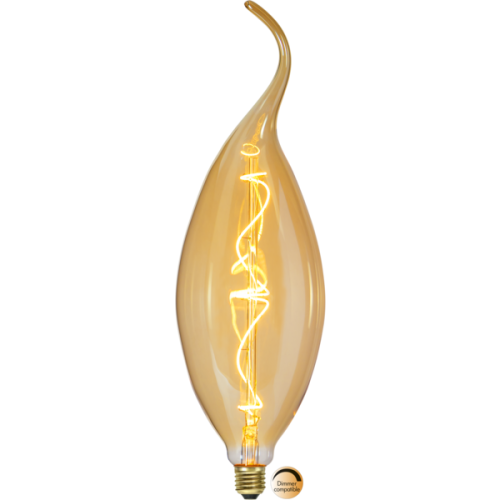 Dekoracyjna żarówka LED filament w kształcie płomienia z bursztynową szklaną bańką i spiralnym filamentem LED emitującym ciepłe światło. Designerska żarówka z gwintem E27 kompatybilna ze ściemniaczem do lamp dekoracyjnych.