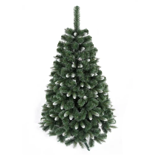 Choinka sztuczna Alaska o stożkowym kształcie i gęstych, ciemnozielonych gałązkach z delikatnym białym wykończeniem, ustawiona na białym tle.
