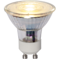 Żarówka LED GU10 świecąca pełną mocą, ciepła barwa światła, trzonek bagnetowy.