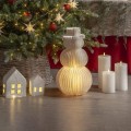 Dekoracja LED w kształcie bałwanka z papieru, delikatnie świecąca od środka, ustawiona na jasnym podłożu obok świec i małych domków; ciepłe światło tworzy przytulną, świąteczną atmosferę wnętrza.