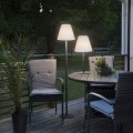 Lampa KRETA z wysokim czarnym metalowym słupkiem, okrągłą podstawą i białym rozszerzającym się ku dołowi kloszem.