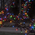 Kolorowe lampki LED owinięte gęsto wokół gałęzi drzewa, oświetlające otoczenie w ciemnej, naturalnej scenerii.