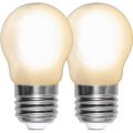 Żarówki LED E27 G45 z matowym kloszem FROSTED, biała ciepła 2700K, dwupak, widok dwóch żarówek obok siebie na białym tle, klasyczny gwint E27.