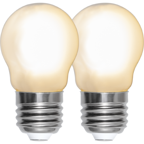 Żarówki LED E27 G45 z matowym kloszem FROSTED, biała ciepła 2700K, dwupak, widok dwóch żarówek obok siebie na białym tle, klasyczny gwint E27.