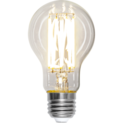 Żarówka LED E27 A60 filament z sześcioma liniowymi prętami LED, ciepłe białe światło 2700K, przezroczysta bańka i metalowy gwint E27.