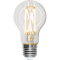 Żarówka LED E27 A60 filament 2700K, cztery skrzyżowane pręty LED, ciepłe białe światło, przezroczysta bańka i gwint E27.