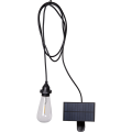Lampa solarna z panelem i przewodem zakończonym żarówką LED, przeznaczona do zawieszenia w ogrodzie lub na tarasie.