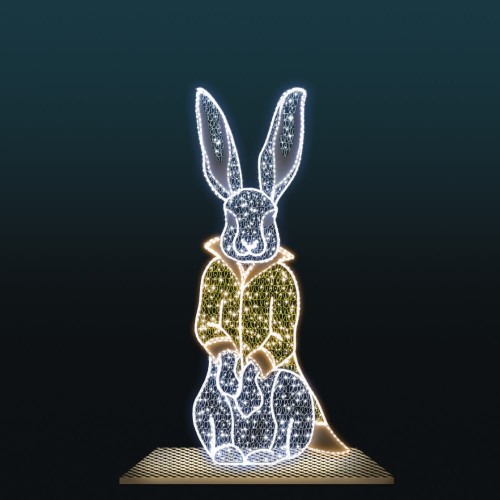 Królik wielkanocny LED 3D siedzący – dekoracja świetlna przedstawiająca zająca wielkanocnego w kamizelce, iluminacja wielkanocna LED do dekoracji miejskich, parków i galerii handlowych, dekoracja przestrzenna o wysokości około 2 m.