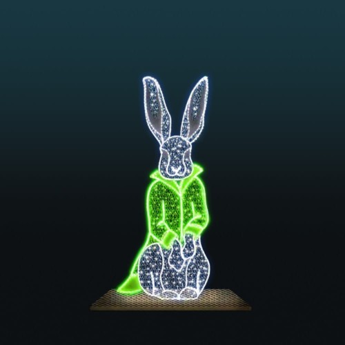Królik wielkanocny LED 2D w zielonej kamizelce siedzący – dekoracja świetlna zająca wielkanocnego wykonana z kilkuset punktów LED, iluminacja wielkanocna do dekoracji miejskich, galerii handlowych i parków, ozdoba świetlna na stabilnej podstawie.