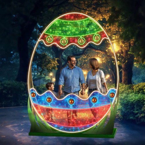 Bramka Pisanka 3D LED w kształcie wielkanocnego jajka, kolorowa iluminacja z motywem zieleni i czerwieni, dekoracja plenerowa do zdjęć ustawiona w parku wieczorem.