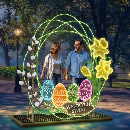 Bramka Wiosna 3D LED z kolorowymi pisankami, żonkilami i gałązką bazi, świetlna dekoracja wielkanocna z napisem Wesołych Świąt, aranżacja plenerowa w parku do zdjęć.