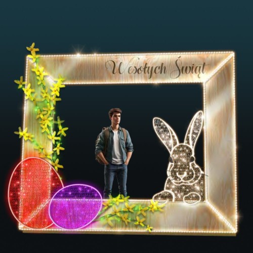 Wielkanocna ramka 3D LED z napisem „Wesołych Świąt”, dekoracją kwiatową, kolorowymi pisankami i podświetlanym zającem, przestrzenna iluminacja plenerowa do zdjęć, dekoracja świetlna do miasta i galerii handlowych.