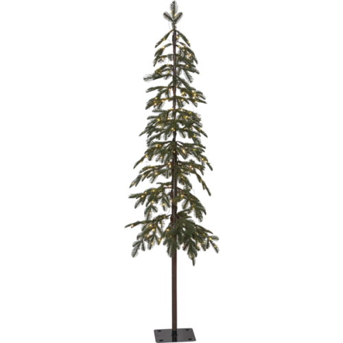 Wąskie drzewko świąteczne z asymetrycznymi gałązkami i ciepłymi diodami LED, umieszczone na czarnym metalowym stojaku na białym tle.