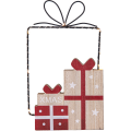 Dekoracja świąteczna z drewnianymi elementami w formie prezentów z napisem XMAS oraz metalową ramką z ciepłym światłem LED, pokazana na jasnym tle.