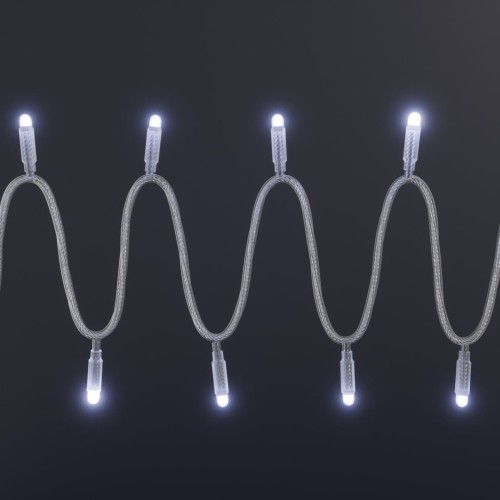 Sznur światełek LED o zimnobiałej barwie, ułożony falami na ciemnym tle, z równomiernie rozmieszczonymi punktami świetlnymi skierowanymi w górę i dół.