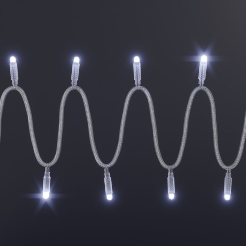 Sznur światełek LED o zimnobiałej barwie, ułożony falami na ciemnym tle, z równomiernie rozmieszczonymi punktami świetlnymi skierowanymi w górę i dół.