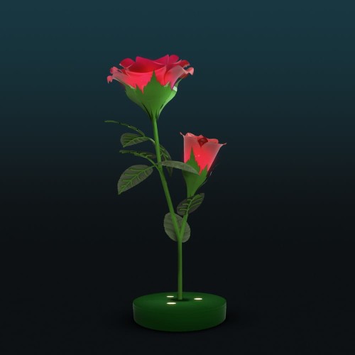 Dekoracja świetlna LED w formie róż na ciemnym tle, nowoczesny element 3D z podświetlanymi płatkami i zieloną konstrukcją, przeznaczony do parków, alejek i przestrzeni miejskich oraz instalacji plenerowych.