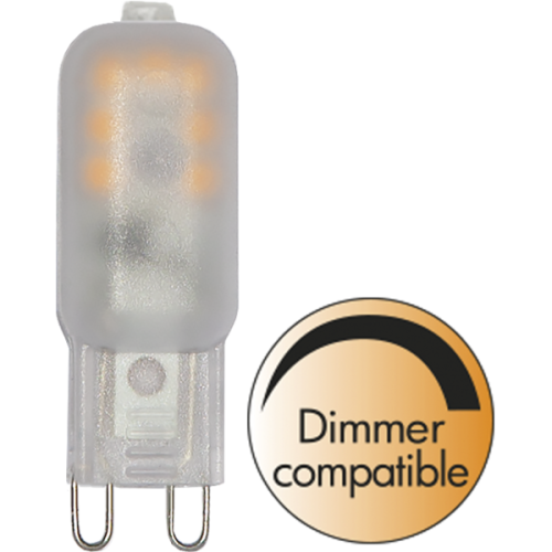 Żarówka LED G9 z matową osłoną i trzonkiem dwupinowym, oznaczenie Dimmer compatible – możliwość płynnej regulacji natężenia światła przy użyciu ściemniacza.