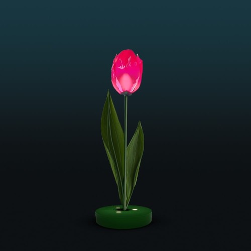 Dekoracja świetlna LED w formie tulipana na ciemnym tle, nowoczesny fotopunkt z liniowym oświetleniem i subtelnymi punktami świetlnymi, przeznaczony do parków, przestrzeni miejskich i instalacji plenerowych.