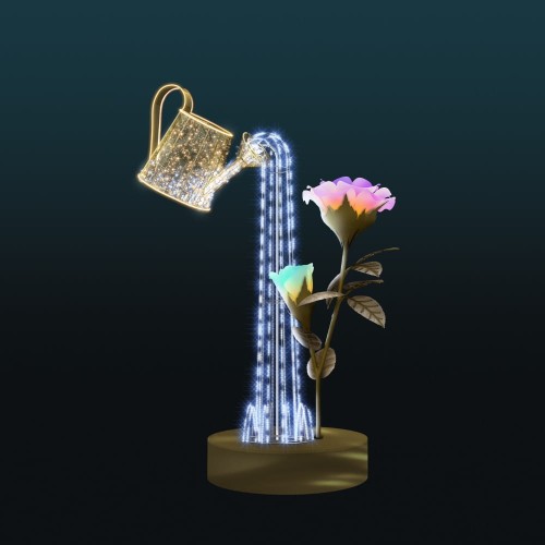 Dekoracja świetlna LED w kształcie róży z konewką na ciemnym tle, nowoczesny fotopunkt z efektem spływającej wody i wielobarwnym podświetleniem, przeznaczony do przestrzeni miejskich, eventów i instalacji plenerowych.
