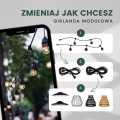 Infografika – girlanda modułowa CRETE – schemat prezentujący możliwość konfiguracji girlandy: przewody, oprawki E27, różne typy kloszy oraz elastyczne łączenie elementów.