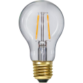 Żarówka LED A60 Soft Glow E27 o bardzo ciepłej barwie światła 2100K. Przezroczysta bańka i widoczne filamenty LED przeznaczone do girland dekoracyjnych.
