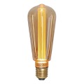 Dekoracyjna żarówka LED filament E27 w wydłużonej bursztynowej bańce z pionowym filamentem emitującym ciepłe światło na jasnym tle.