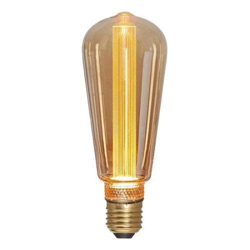 Dekoracyjna żarówka LED filament E27 w wydłużonej bursztynowej bańce z pionowym filamentem emitującym ciepłe światło na jasnym tle.