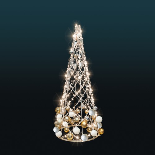 Świąteczna dekoracja w formie stożka ażurowego z jasną iluminacją LED, ozdobiona kulami w odcieniach bieli, złota i srebra, ustawiona na ciemnym tle dla podkreślenia efektu świetlnego.
