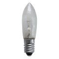 Zbliżenie na żarówkę LED w kształcie świeczki z ryflowanego, przezroczystego szkła. Widoczny element LED wewnątrz oraz metalowy gwint E10, białe tło.