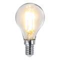 Żarówka LED E14 mini globe emitująca ciepłe białe światło, dwa filamenty LED w kulistej przezroczystej bańce.