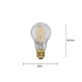 Żarówka LED A60 z gwintem E27, bursztynowe szkło, widoczne filamenty LED, ciepłe światło 2100K.