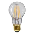 Żarówka LED A60 z gwintem E27, bursztynowe szkło, widoczne filamenty LED, ciepłe światło 2100K.